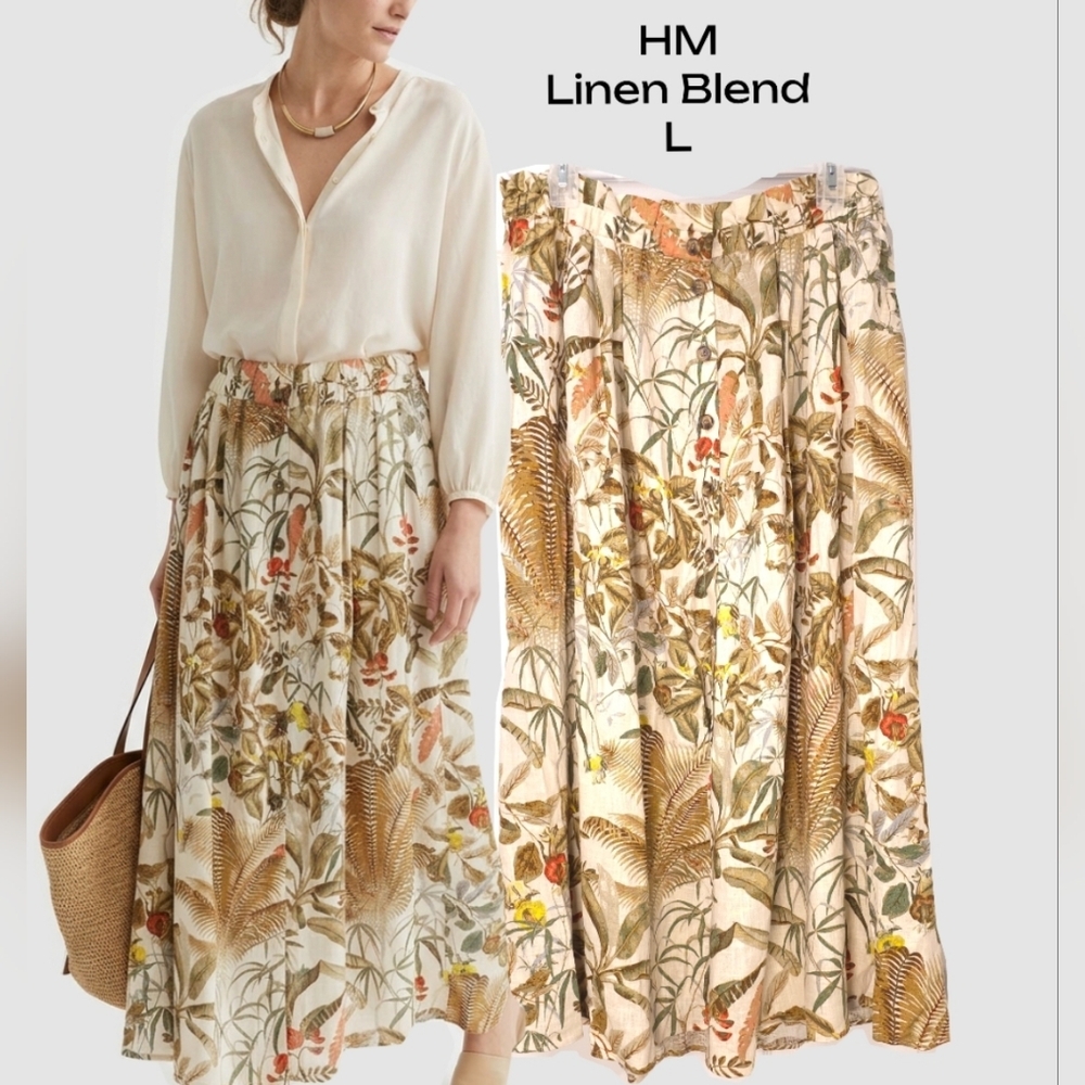H&M Floral Tropical Print Maxi Skirt - Multicolor Elastic Waist Button Down L